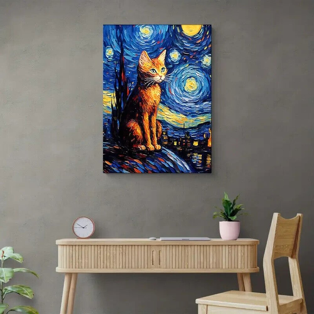 Orange Cat Abstract Starry Sky Vibrant Canvas Art Print 15.7" x 19.6" NEW! Home & Garden:Home Décor:Posters & Prints Style Your Walls